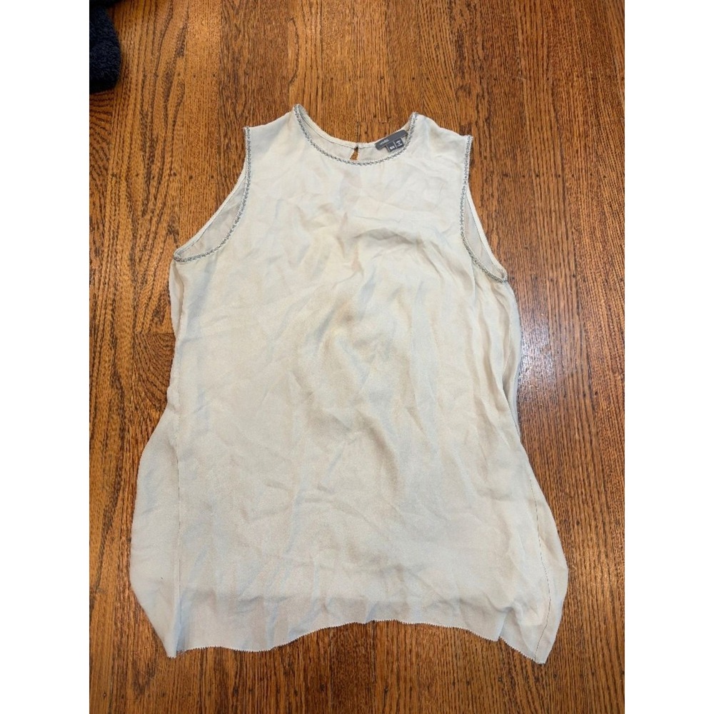 Vince 100% Silk Beaded Open Back Blouse Gray Draped Sleeveless M